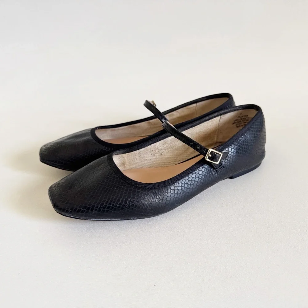 J. Crew Quinn Square Toe Mary Jane Flat Shoe 10 Black Snake Embossed Classic - Picture 2 of 10